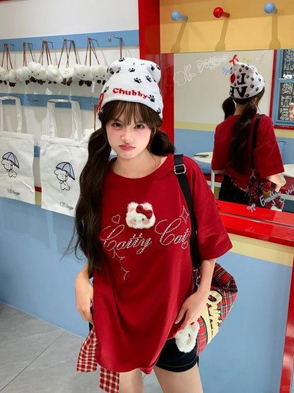 Details T-Shirt with Detachable Kitty Plushie Neck Rhinestone Red Square
