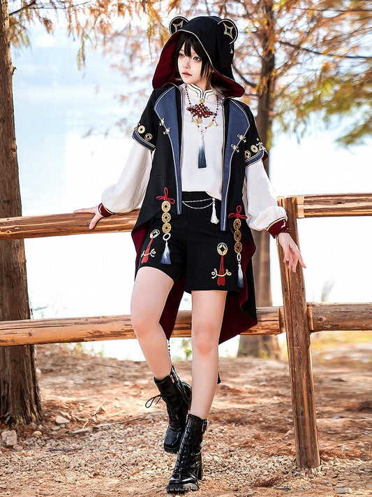Manteau à capuche en ouji noir avec pièces de cuivre et oreilles de panda