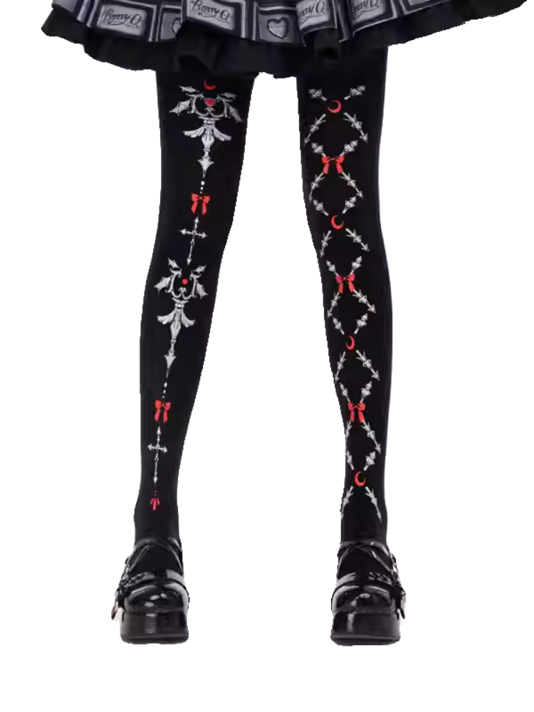 Schwarze Gothic Lolita Strumpfhose mit roten Schleifen