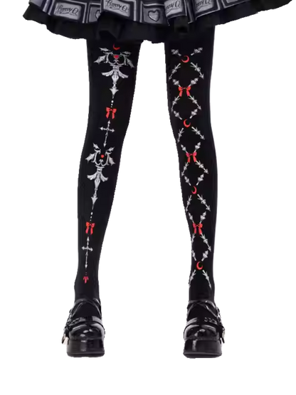 Schwarze Gothic Lolita Strumpfhose mit roten Schleifen