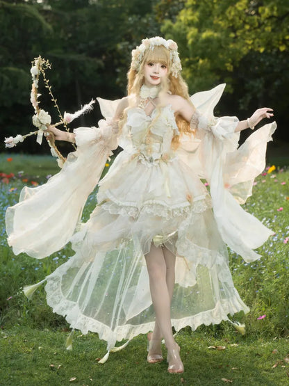 Lolita Fairycore Dress JSK Beige Full Design Princess and Set Butterfly Floral