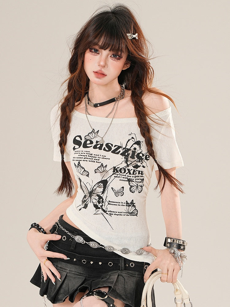 Neckline T-shirt Butterfly Asymmetrical Glamorous Black/Beige And Print Bittersweet Letter