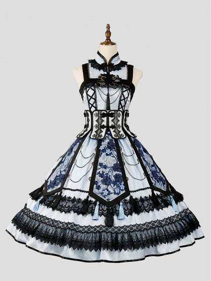 Robe Qipao élégante à col cheongsam bleu et noir + ceinture corset à baleines + ensemble Qi Lolita JSK superposé à pompons
