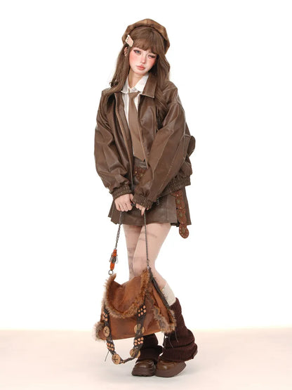 Faltenrock PU Braun/Rosa