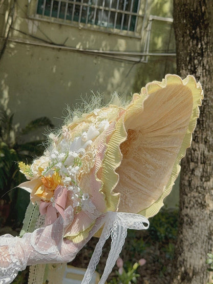 Floral Design Feather Decorated Lolita Straw Hat