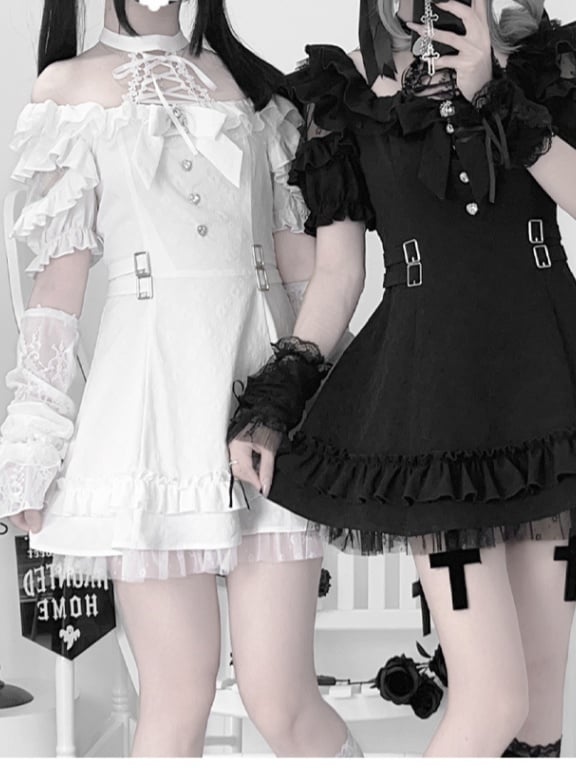 Detail Lace-up Jirai Kei Halter Neck Dress with Bow Black Tie