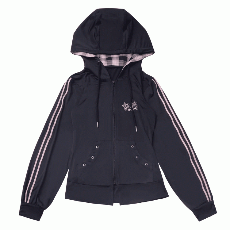 Rosa karierte Kapuze, schwarze Sternstickerei, Sonnenschutzjacke