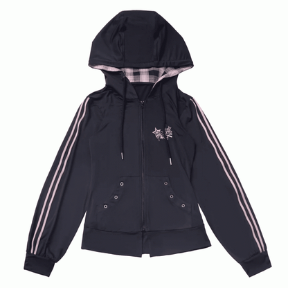 Rosa karierte Kapuze, schwarze Sternstickerei, Sonnenschutzjacke