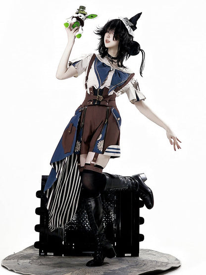 Train Shirt Blue Sailor Overall + Collar Shorts Ouji Steampunk Striped Brown Outfit Lolita -