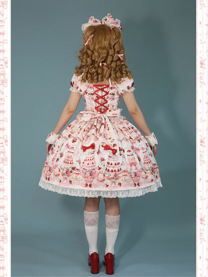 Bow Sweet Set Print White Strawberry Accents / Lolita Full Cake Dress