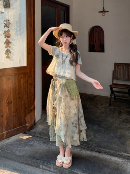 Accessory Dye Wide-Leg Pants Version Detachable with Regular/Short Knitted Mori Kei Green Tie
