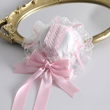 Large White And Pink Lolita With Lace Mini Bowknot Hat Cute
