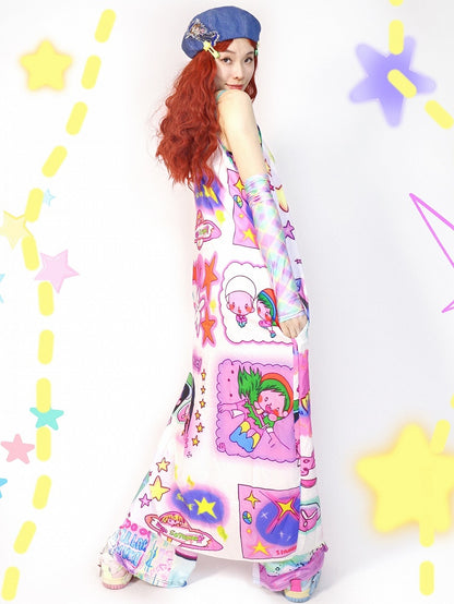 Cartoon Cami And Star Colorful Print Dress