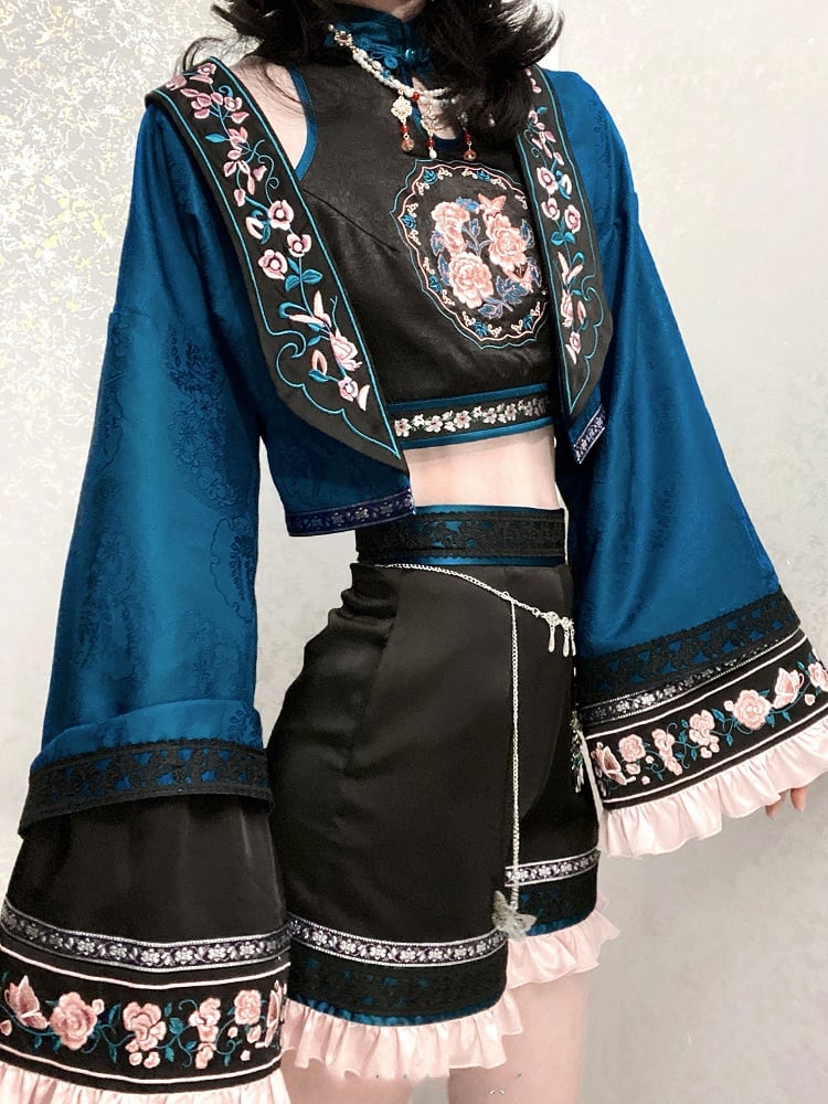 Sleeves Sleeveless Ouji Lolita Floral Chinoiserie + - Cropped Long Outfit Embroidery Shorts Style Top