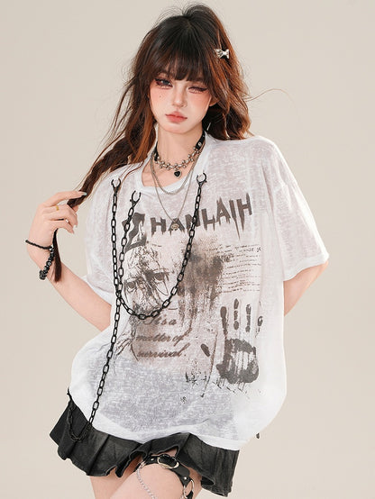 Charm White Glamorous Letter Sun Print T-shirt Protection Chain