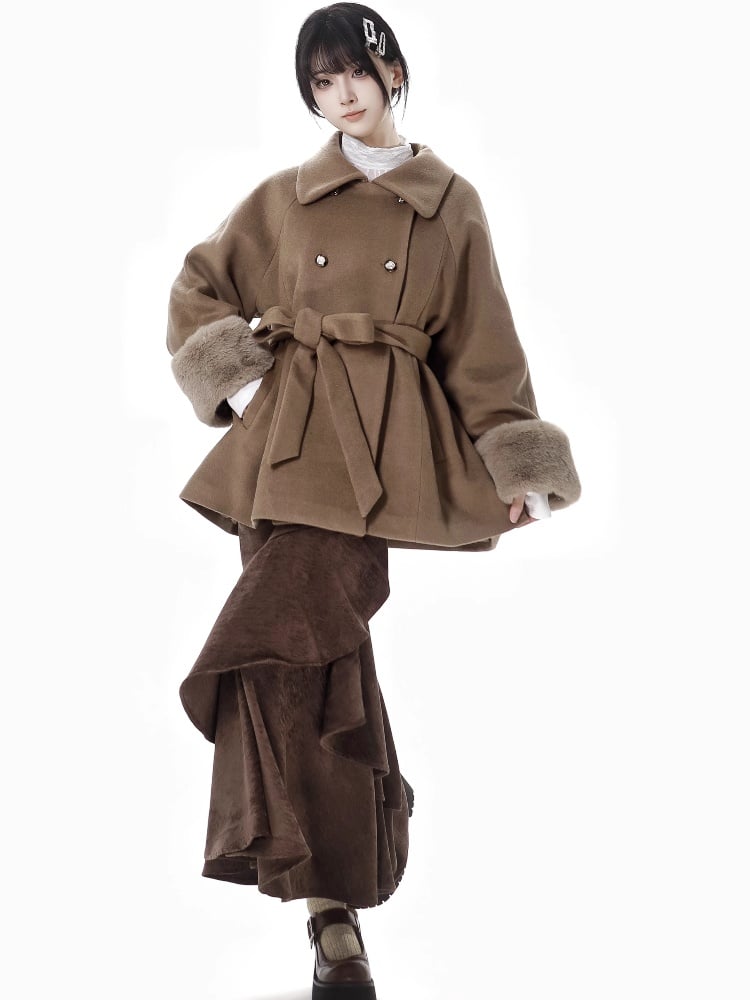 Coffee Baggy Long Sleeves Detachable Plush Cuffs Coat