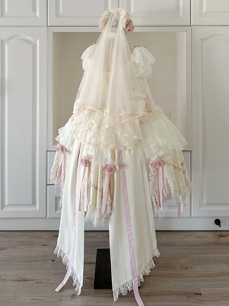 Ensemble complet Hanayome Lolita OP / avec nœuds décoratifs à la taille et basque de fée florale beige
