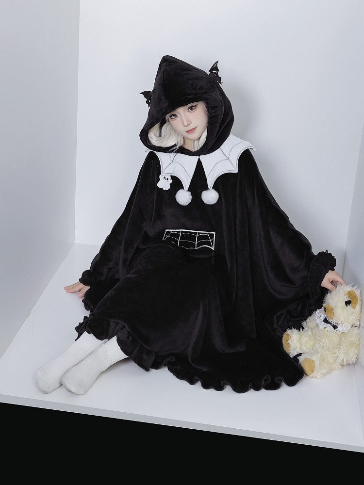 Black Little Ghost Cloak + Spider Web Embroidery Collar