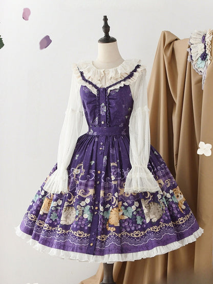 Purple Lolita Scalloped Neckline Eyelet Trim Print Cami Grapes Top