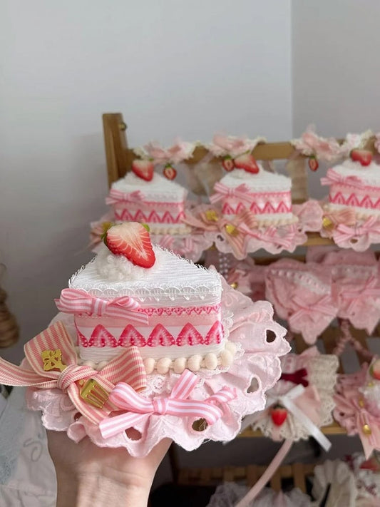 Triangle Print Hat Decoration Sweet Strawberry Mini Cake Bow with Pink Lolita