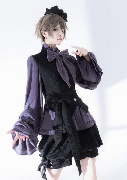 Sleeves Purple Neckline Bishop Poet Ruffle Blouse
