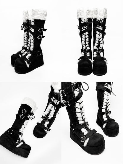 Y2K Black Star Buckle Straps Plush Trim Platform Boots