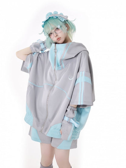 Green and Gray Colorblock Design Kei Sports Shorts Jirai
