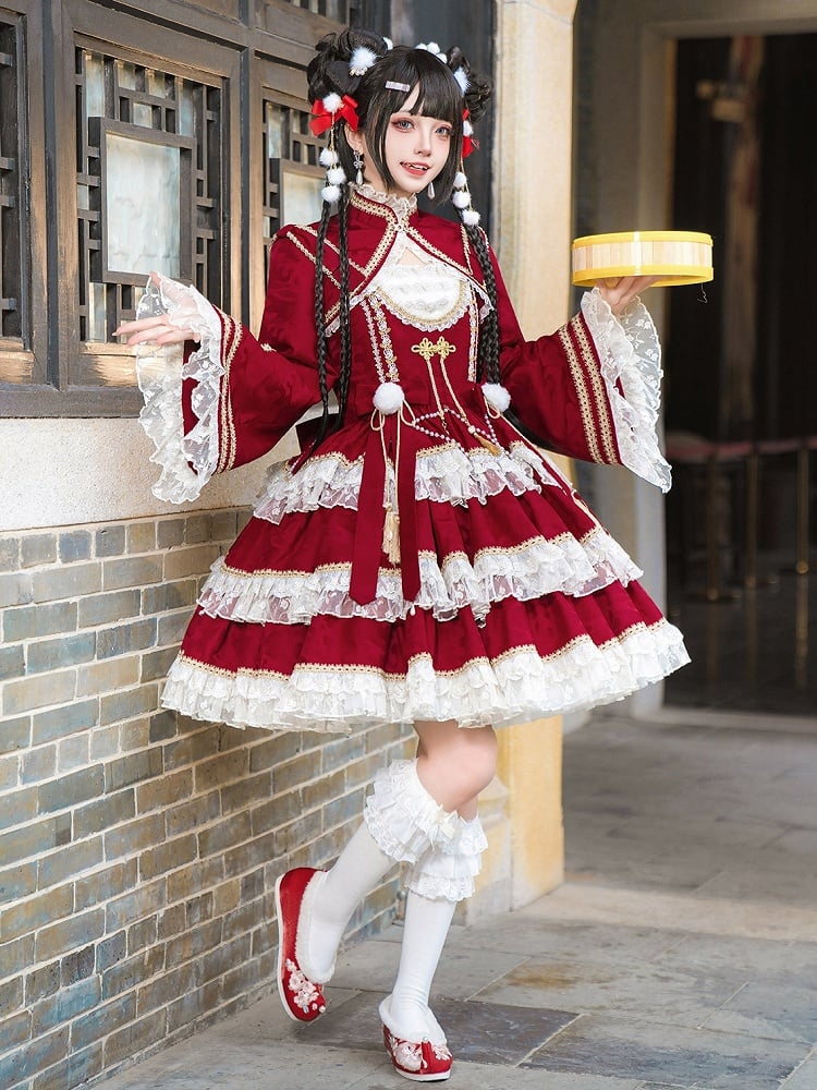 Red New Year Lolita Outfit Bows Waist Tiered Hem Lolita Bolero