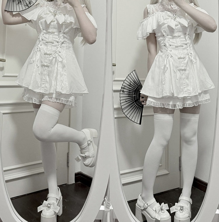 Style Illusion Bow Tie Mini Dress Set- Kei Cheongsam White + Shorts Jirai Neckline + Bell Sleeves
