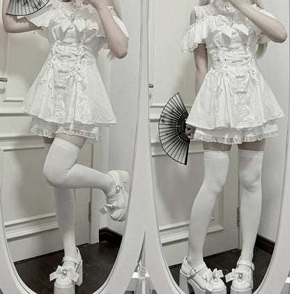 Style Illusion Bow Tie Mini Dress Set- Kei Cheongsam White + Shorts Jirai Neckline + Bell Sleeves