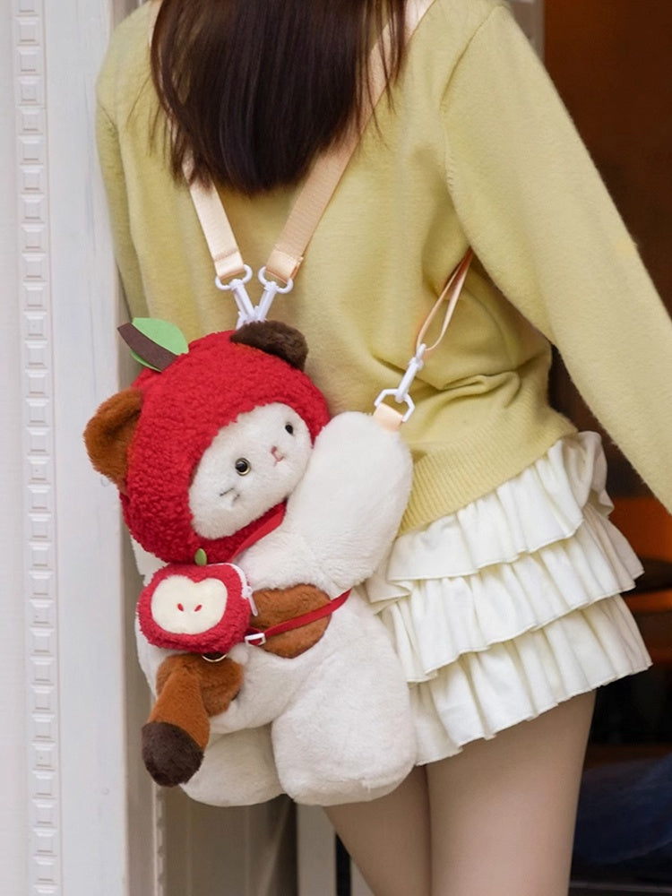 Red Cute Apple Plush Keychian Middle/Large Bag Backpack White Hat Heart Kitty Size + Backpack/Crossbody