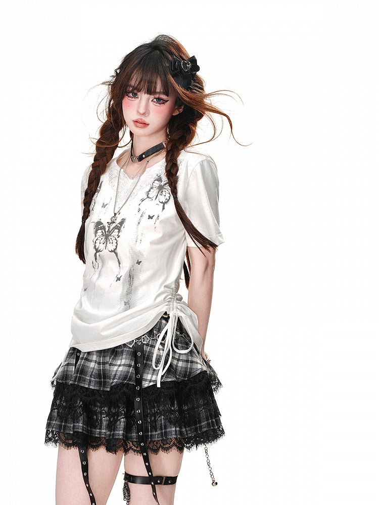 Drawstring Waist Butterfly Print White T-Shirt Butterfly Design Neckline