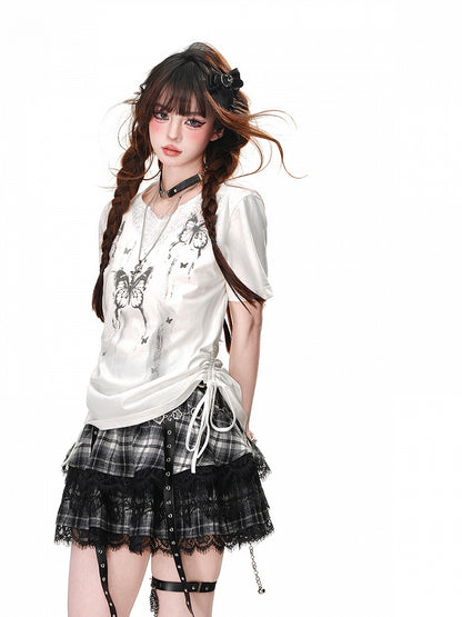 Drawstring Waist Butterfly Print White T-Shirt Butterfly Design Neckline