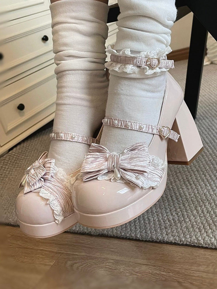 Nude Lolita Lace - Trim Pink Sweet High Block Heels