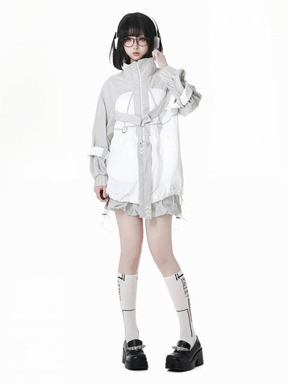 and White Techwear Sun Protection Jacket Gray Hem Colorblock Drawstring
