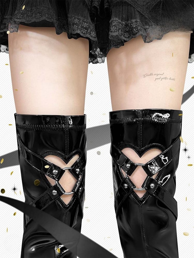 Polished Black Heart-shaped Cutout Detail Gothic Thigh-high Boots