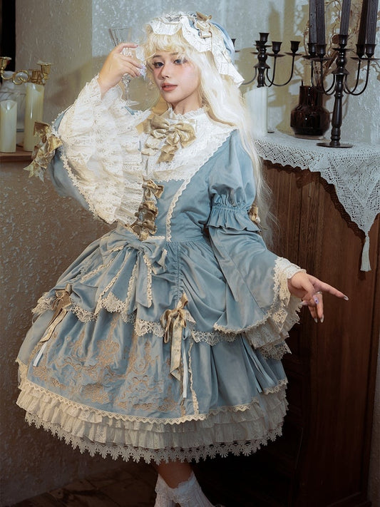 Velvet Embroidery Sleeves Dress Candlestick and Candle Blue Bell