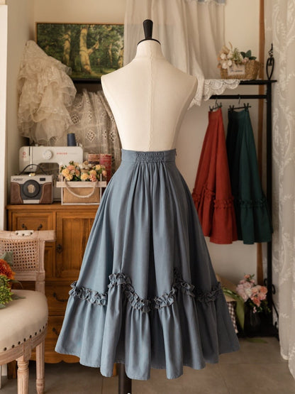 Dusty Blue Ruffle Trim Flounce Hem Skirt Midi Length Lolita Skirt