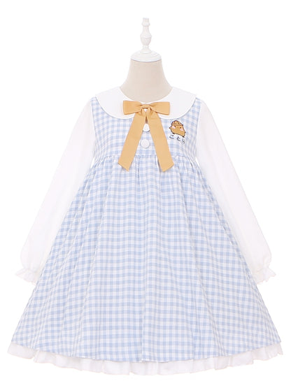 Robe à manches longues et col Peter Pan à carreaux bleu clair et motif poulet mignon