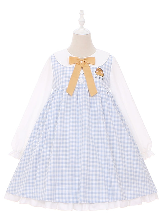 Robe à manches longues et col Peter Pan à carreaux bleu clair et motif poulet mignon