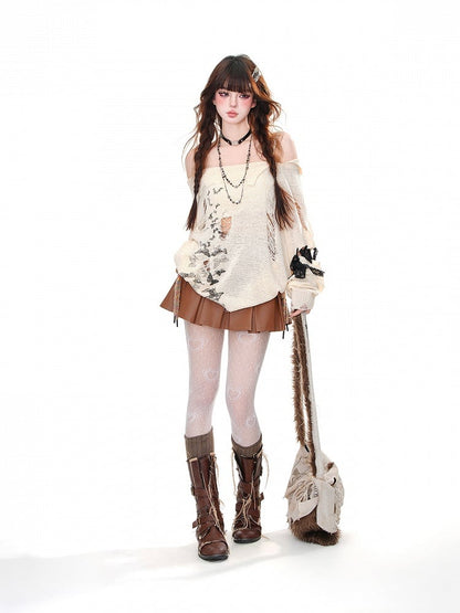 Apricot Off-the-shoulder Neckline Butterfly Distressed Holes Knitted Top