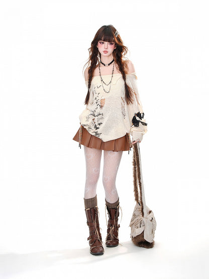 Mini Skirt Waist Box Pleat PU Brown High