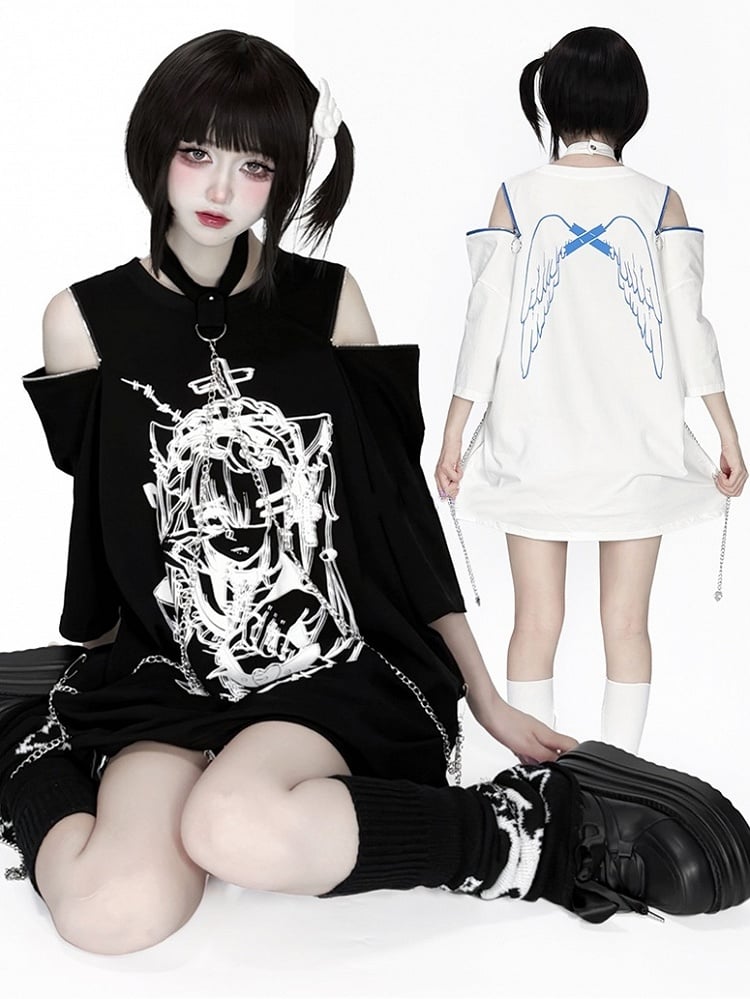 Chain Anime with Convertible Blue T-Shirt Shoulder Detachable Zip Black Choker Print White /
