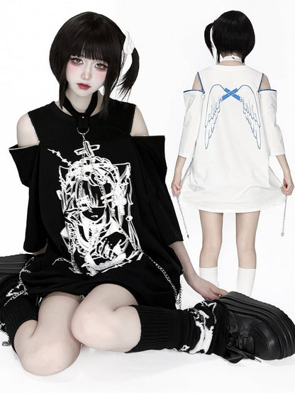 Chain Anime with Convertible Blue T-Shirt Shoulder Detachable Zip Black Choker Print White /