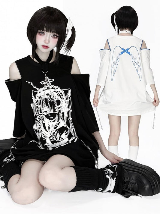 Chain Anime with Convertible Blue T-Shirt Shoulder Detachable Zip Black Choker Print White /