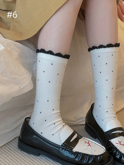 Polka-dot Pattern Ruffled Cuff Calf Socks