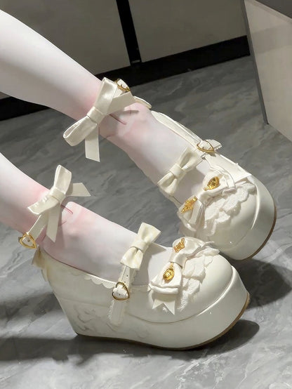 Lolita Sweet Platforms Spoon Details Decorated Bowknot White