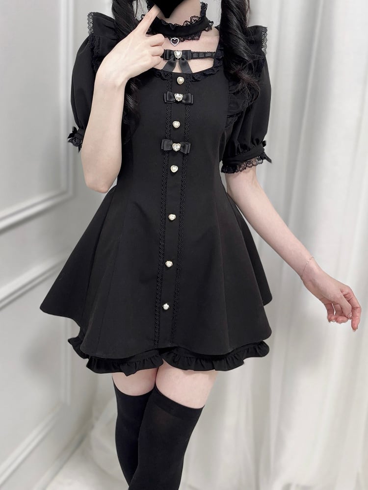 - Flutter Sleeves Self-tie Bow Back Mini Dress + Shorts Black + Set Jirai Kei Choker