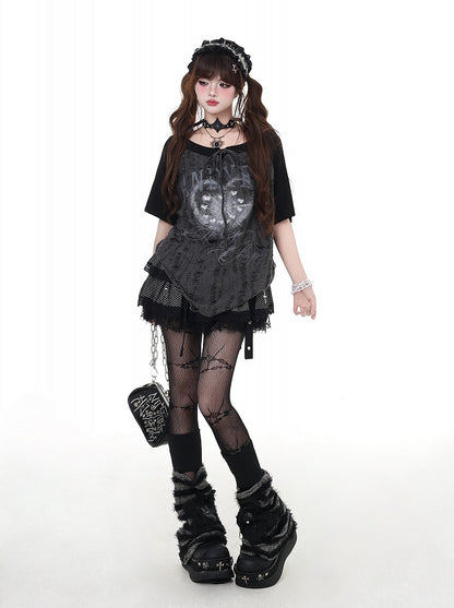 Neckline Gray Distressed Holes Colorblock Design Self-tie Strap Black and Graphic T-shirt