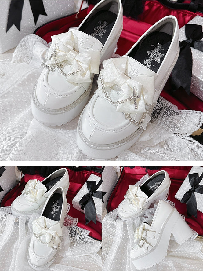 Cross Rhinestoned Kei White Chain Buckles Loafers Decorated Platform Bow Polished Jirai